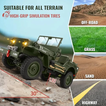 1/10 Scale Willys Army Rock Crawler | 4X4 RTR with Winch 40-Min Runtime All-Terrain RC Truck