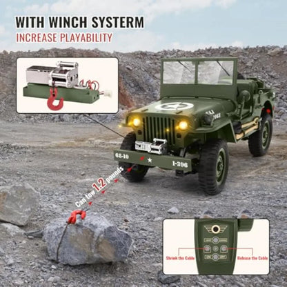 1/10 Scale Willys Army Rock Crawler | 4X4 RTR with Winch 40-Min Runtime All-Terrain RC Truck