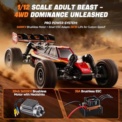 1/12 Scale Brushless 4X4 RC Buggy | 42mph High-Speed Racing with 3S 2200mAh Battery RTR