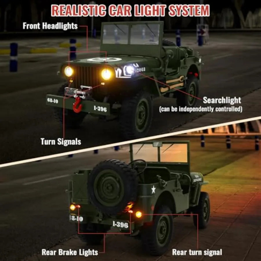 1/10 Scale Willys Army Rock Crawler | 4X4 RTR with Winch 40-Min Runtime All-Terrain RC Truck